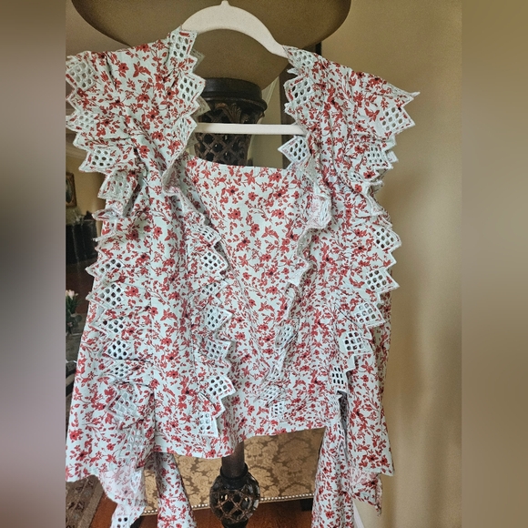 NWOT Anthropologie Blue Tassel Trina floral dark red/ mint embroidered top - Picture 9 of 14